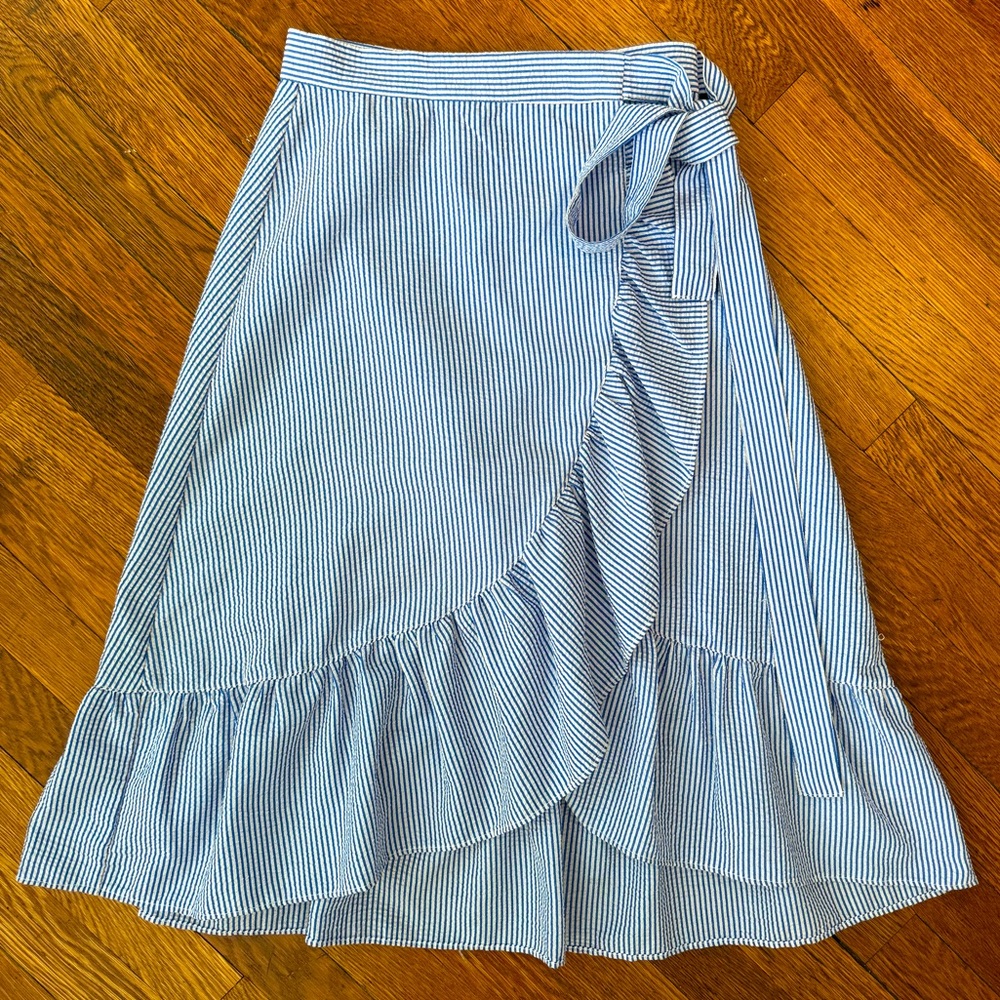 Seersucker Blue & White Striped Wrap Skirt with Ruffle
